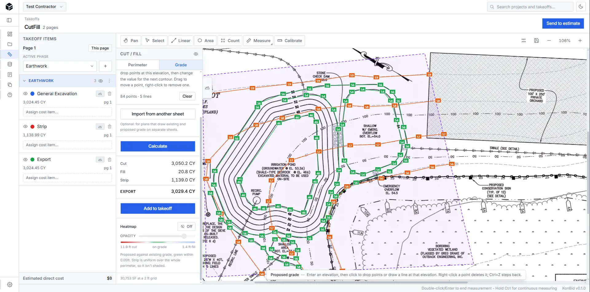 KonBid cut and fill takeoff calculating excavation volumes on a site plan